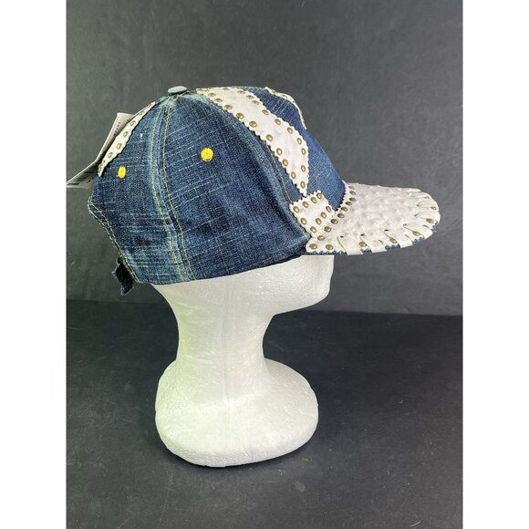 NEW Denim & White Ball Cap Hat Imitation Ostrich Skin Studs Adjustable Strap - Picture 4 of 8